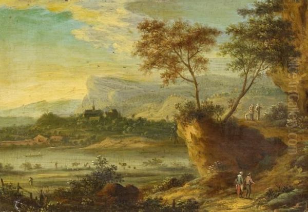 Open River Landscape In Evening Light Oil Painting by Johann Christian Vollerdt or Vollaert