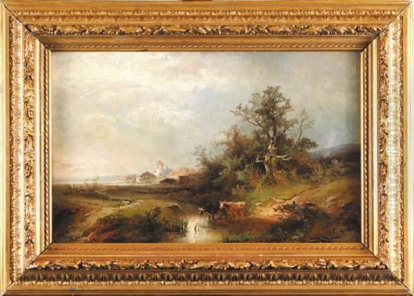 Pejzaz Z Bydlem Nad Rzeka Oil Painting by Nicolai Von Astudin