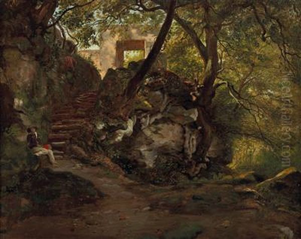 Waldstuck Mit Schlos, Treppe Und Sitzendem Wanderer Oil Painting by Carl Von Blaas