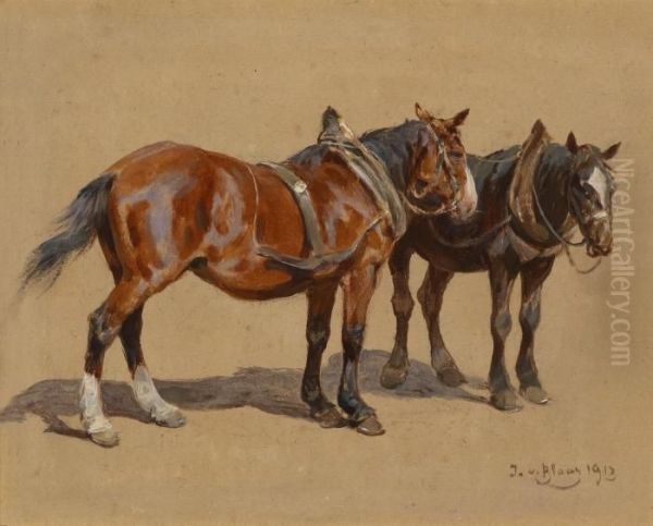 Two Draught Horses Oil Painting by Julius von Blaas