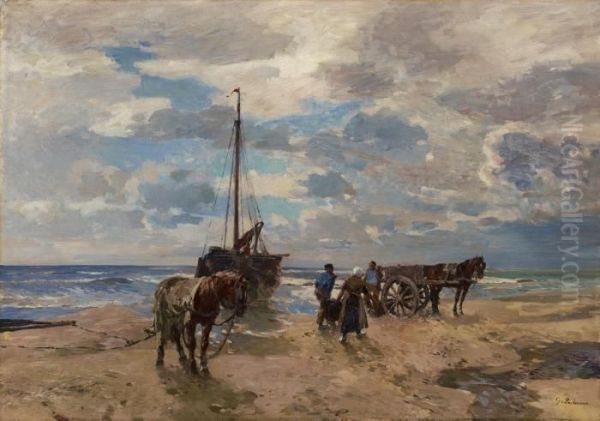 Fischer Am Strand Oil Painting by Gregor Von Bochmann