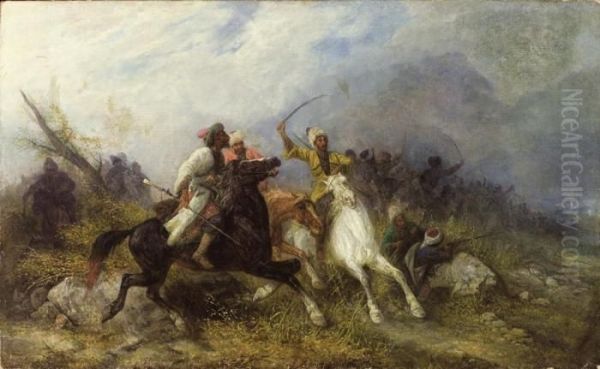 Battle Between The Cossacks And The Highlanders Oil Painting by Jozef Von Brandt