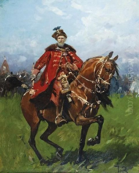 Hetman Stefan Czarniecki Na Koniu Oil Painting by Jozef Von Brandt