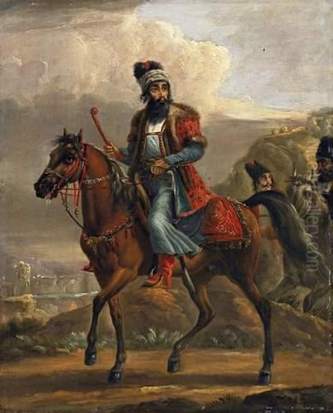 Caucasian Horsemen Oil Painting by Jozef Von Brandt