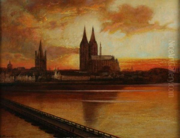 Ansicht Von Koln Bei Sonnenuntergang Oil Painting by Jozef Von Brandt