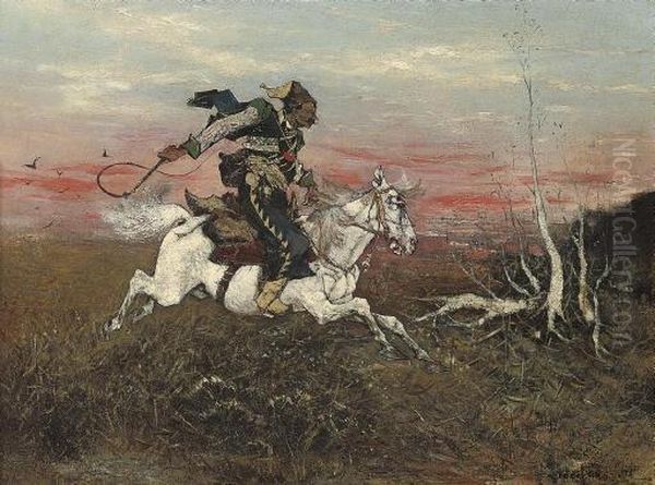 A Cossack Galloping On The Steppe Oil Painting by Jozef Von Brandt