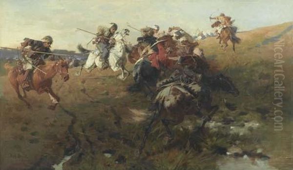 Battle On Horseback. Oil Painting by Jozef Von Brandt