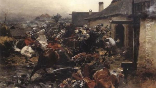 A Cavalry Skirmish On The Outskirts Of A Town Oil Painting by Jozef Von Brandt