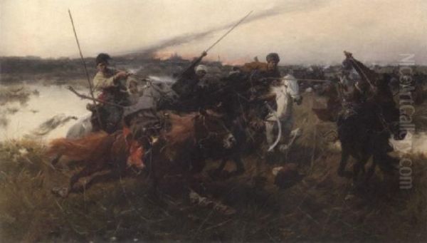 A Cavalry Assault Oil Painting by Jozef Von Brandt