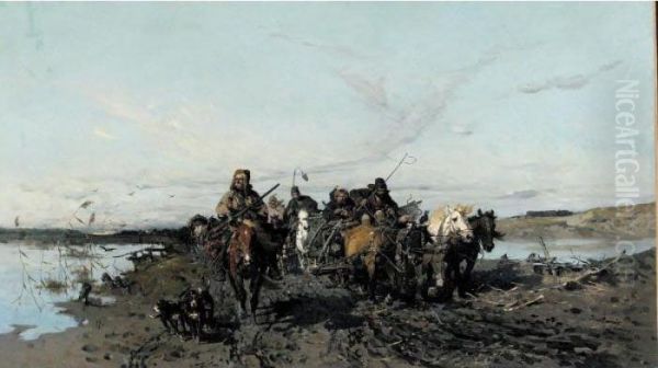 The Caravan Oil Painting by Jozef Von Brandt