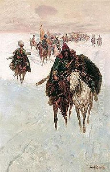 Return From The Front Oil Painting by Jozef Von Brandt