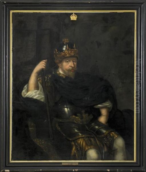 Portratt Av Kung Gustav Ii Adolf
 Som Triumfator Kladd I Rustning Med Forgylld Dekor Av Rikslejonen Och 
Vasakarven Samt Kronprydd Hjalm Oil Painting by David Klocker Von Ehrenstrahl