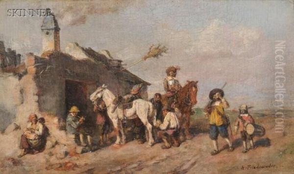 Cavaliers And Horses At A Smithy Oil Painting by Alfred Ritter von Malheim Friedlander