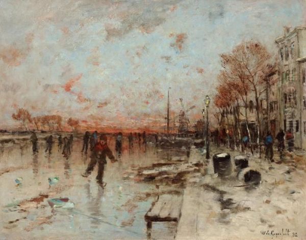 Frozen Canal With Skaters Oil Painting by Wilhelm von Gegerfelt