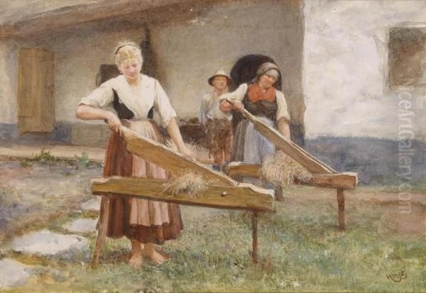 Young Country Women Breaking Flax Oil Painting by Sir Hubert von Herkomer