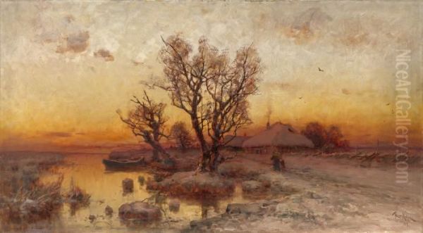 Sunset Over A Ukrainian Hamlet Oil Painting by Iulii Iul'evich (Julius) Klever