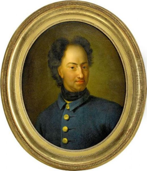 Portratt Av Karl Xii Ikladd Bla Uniformsrock Och Svart Halsduk - Brostbild Oil Painting by David von Krafft