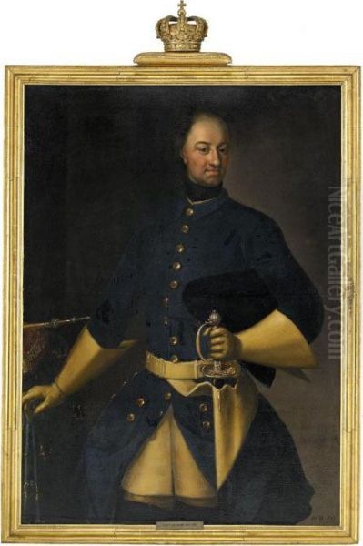 Portratt Av Karl Xii Ikladd Bla
 Uniformsrock Med Varja Och Trikorn Stodd Mot Bord Med Regalier - 
Staende Knastycke Av Lundatypen Oil Painting by David von Krafft