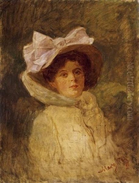 Lady In A White Hat Oil Painting by Tihamer Von Margitay