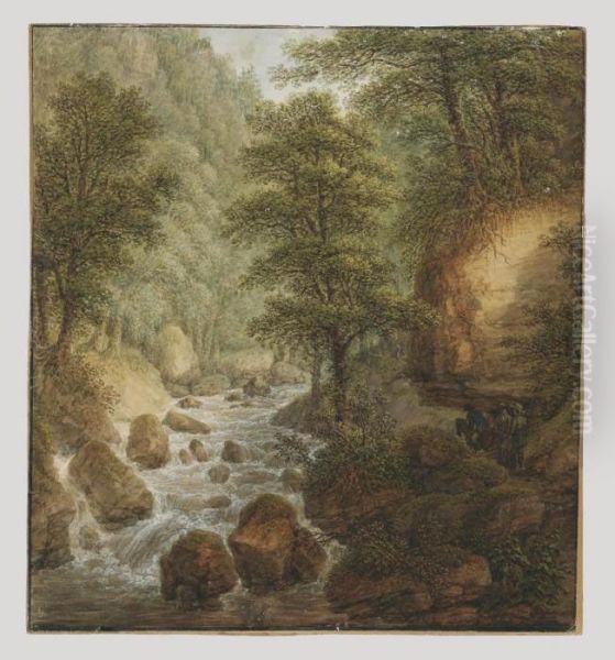 A Wooded River Landscape With Travellers Beside A Waterfall Oil Painting by Martin von Molitor