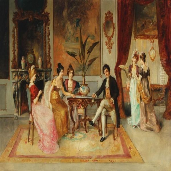 Interior With Conversation Gentleman And Women Oil Painting by Franz Von Persoglia