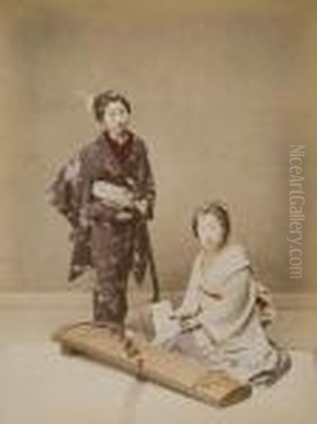 Two Geisha Playing Instruments Oil Painting by Raimund, Baron Von Stillfried Und Rathenitz