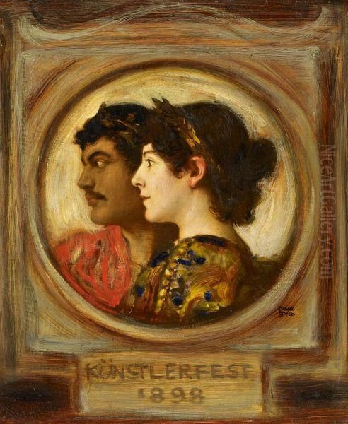 Selfportrait Of The Artist With His Wife In Costume. Oil Painting by Franz von Stuck