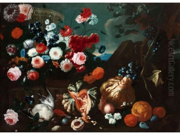 Grosses Blumen-, Fruchte- Und Jagdstilleben Oil Painting by Frans Werner Von Tamm