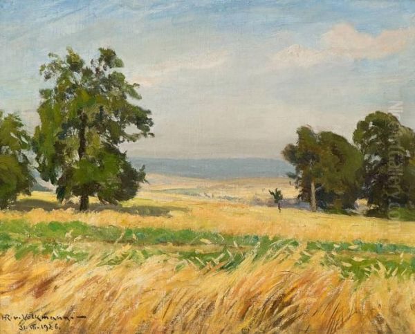 View Across Oat Fields Oil Painting by Hans Richard Von Volkmann