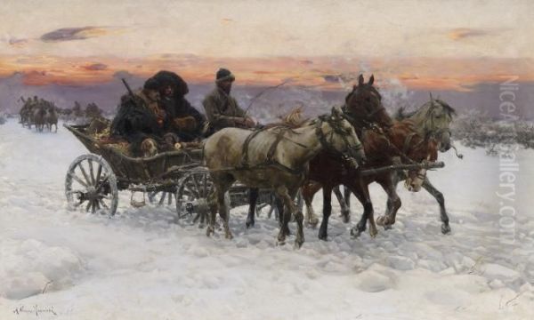 Evening Carriage Ride In The Snow Oil Painting by Alfred Wierusz-Kowalski