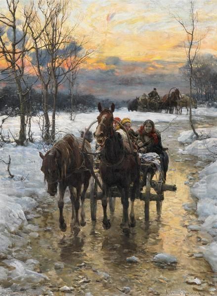 Polish Women On A Carriage Ride In The Winter Twilight Oil Painting by Alfred Wierusz-Kowalski