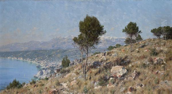 Vue Du Mont Boron, Nice Oil Painting by Johan Peter Von Wildenradt