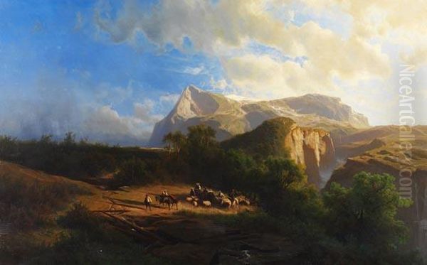 Hochgebirgsplateau Mit Hirten Und Schafsherde Oil Painting by Leopold Heinrich Voscher