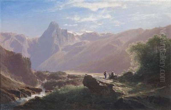 Mountain Scenery With Human And Animal Figures Oil Painting by Leopold Heinrich Voscher