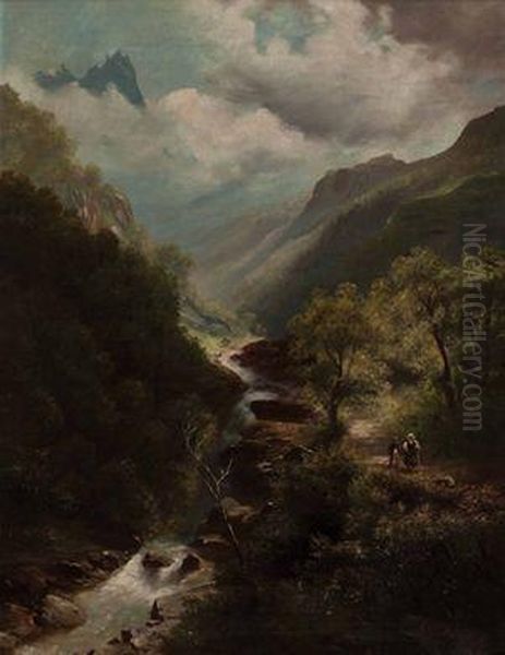 Hochgebirgstal Mit Bach Undwanderern Oil Painting by Leopold Heinrich Voscher