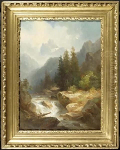 Landscape In Mountains With A Stream by Leopold Heinrich Voscher