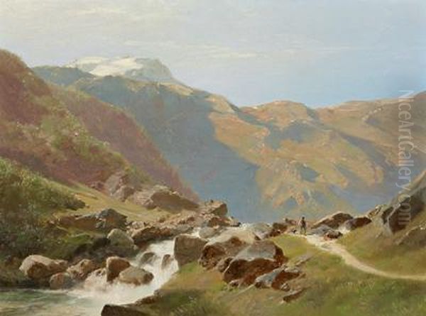 Wanderer Im Gebirge Oil Painting by Leopold Heinrich Voscher