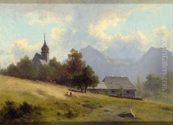 Kleine Gebirgslandschaft Mit Kirche Oil Painting by Leopold Heinrich Voscher