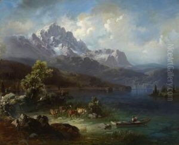 Kuhe Am Ufer Eines
 Gebirgssees. Oil Painting by Leopold Heinrich Voscher