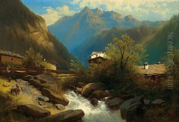 Landschaft Im Unterpinzgau Oil Painting by Leopold Heinrich Voscher