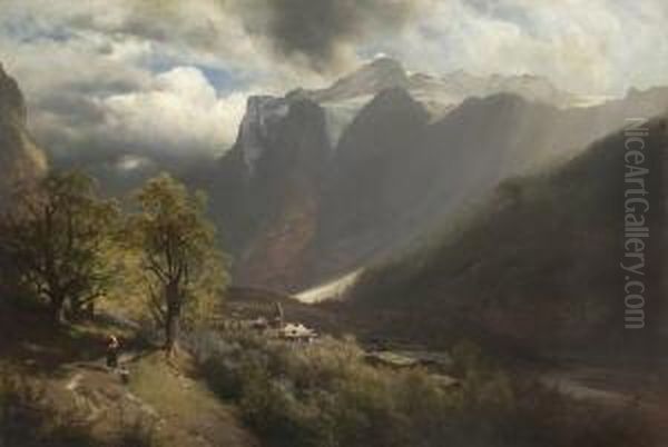 Blick Auf Das Wetterhorn Bei
 Grindelwald Oil Painting by Leopold Heinrich Voscher