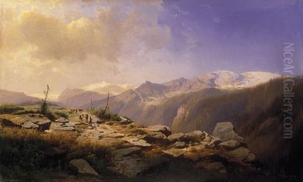 Alpine Landscape With Wanderers Oil Painting by Leopold Heinrich Voscher