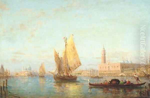 Bragozzi and Gondolas in the Bacino of San Marco with the Palazzo Ducale beyond, Venice Oil Painting by Felix Ziem