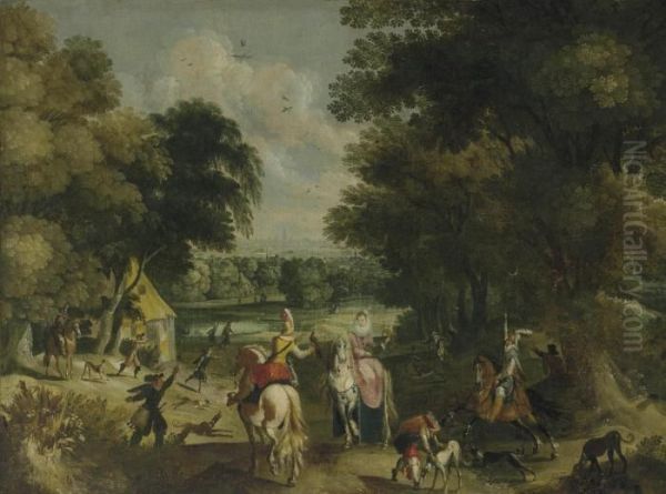 A Landscape With An Elegant Hunting Party Oil Painting by Sebastien Vrancx