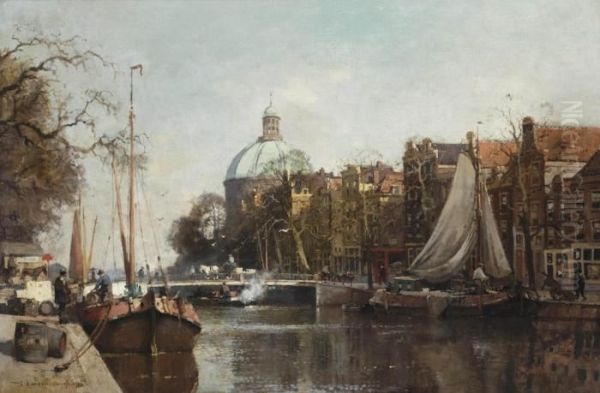 Activities On The Singel With The Koepelkerk Beyond, Amsterdam Oil Painting by Cornelis Vreedenburgh