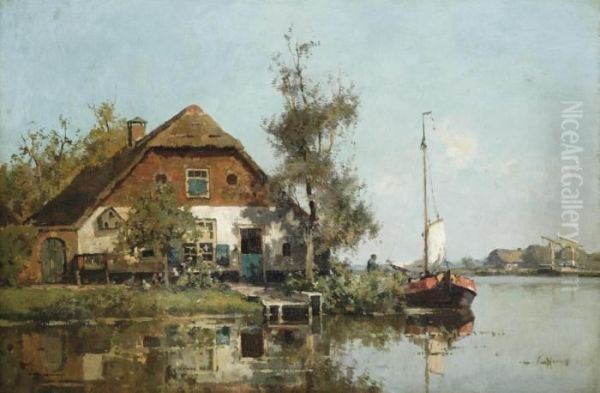 A Moored Sailing Vessel Near A Farmhouse Oil Painting by Cornelis Vreedenburgh