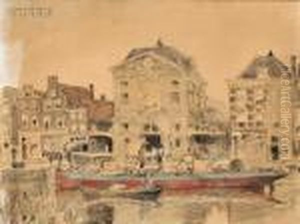 Unloading A Barge On A Canal, Leiden Oil Painting by Cornelis Vreedenburgh