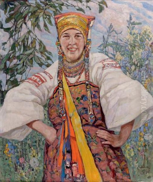 Jeune Ukrainienne En Costume Traditionel Oil Painting by Konstantin Semionov. Vysotsky