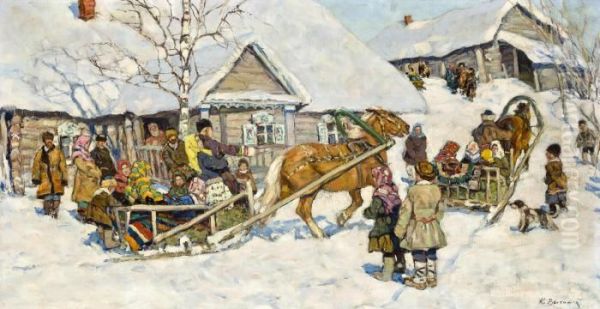 Winter Sleigh Ride Oil Painting by Konstantin Semionov. Vysotsky