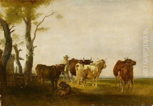 Cowherd With His Cattle Oil Painting by Max Joseph Wagenbauer